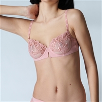 Stunning sheer half cup bra in a gorgeous pink colour with lace and embroidery detail tulle cups