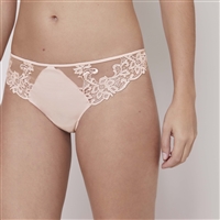 Blush coloured thong with guipure and lace embroidered front panels
