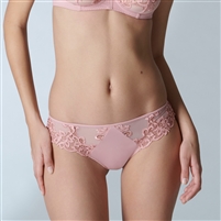 Pink Simone Perele briefs in guipure embroidery and knitted fabric. Opaque knitted fabric back with clean cut finishes for invisibility under clothing.
