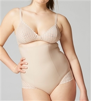 Nude high waist shaping brief comes right up to the bra line, while the back and thighs feature lace.