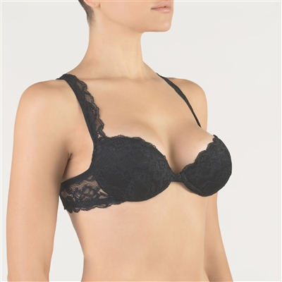 Padded black lace bra with underwire by designer brand, made in Italy.