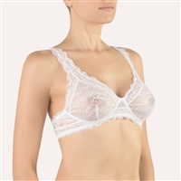 Sheer soft cup lace triangle bra without underwire in white.