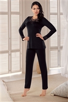 Black long sleeve pyjama top with lace neck and lace detail on cuffs . Matching black pyjama pants.