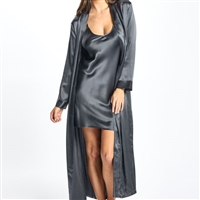 This beautiful dark grey long silk robe features a wrap-around style that falls to around ankle length.