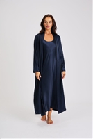 This beautiful navy long silk robe features a wrap-around style that falls to around ankle length.