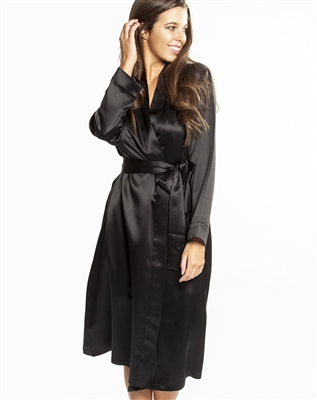 This beautiful black silk robe features a wrap-around style that falls below knee length