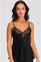 Black Silk camisole with adjustable shoulder straps and lace detail on the neckline