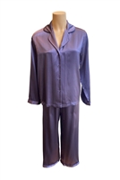 A premium quality silk piped PJ set that drapes over the figure gracefully featuring covered buttons and a collared neckline with piping detail.