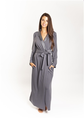 Grey full length french terry wrap around robe with tie