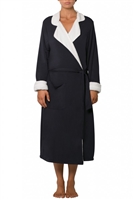 Navy Sherpa Robe with a snuggly fleece lining featuring a tailored lapel and tie around sash. Sits below the knees.