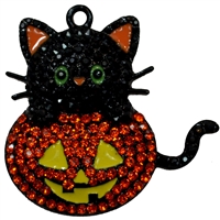 Rhinestone Halloween Cat on a Pumpkin Pendant