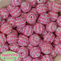 20mm Hot Pink and White Stripe Rhinestone Bubblegum Beads