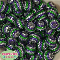 20mm Green, Silver and Purple Stripe Rhinestone Bubblegum Beads Bulk