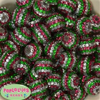 20mm Pink, Green, Silver Stripe Rhinestone Bubblegum Beads
