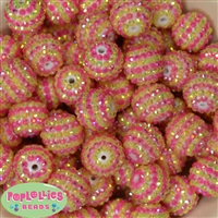 20mm Pink and Yellow Stripe Rhinestone Bubblegum Beads
