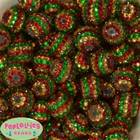 20mm Red, Gold, and Green Stripe Rhinestone Bubblegum Beads