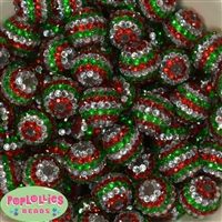 20mm Red, Green, Silver Stripe Rhinestone Bubblegum Beads Bulk