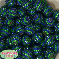 20mm Royal & Green Stripe Rhinestone Bubblegum Beads Bulk