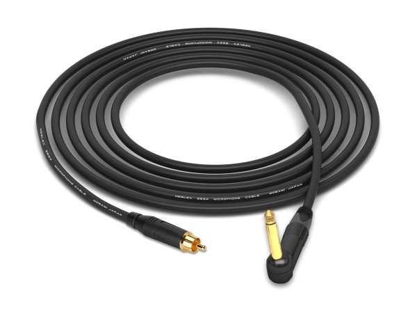 RCA to 90&deg; Right-Angle 1/4" TS Cable | Made from Mogami 2534 Quad Cable, Neutrik & Amphenol Gold Connectors