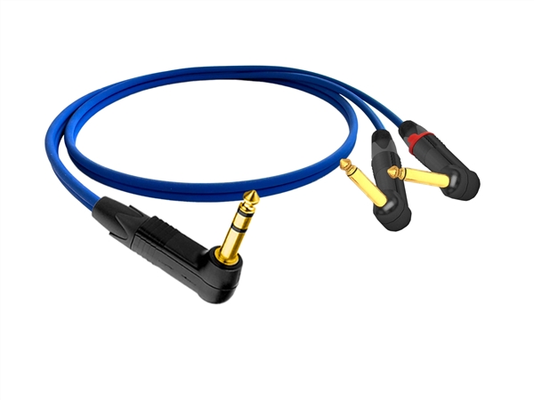 Stereo Instrument Cable for Guitar or Bass w/ Sommer & Neutrik Gold 90° 1/4" TRS to Dual 90° 1/4" TS | Blue