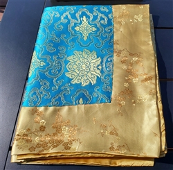 Altar / Puja Table Cover, Silk Brocade, Turquoise Lotus Flowers & Gold Blossoms