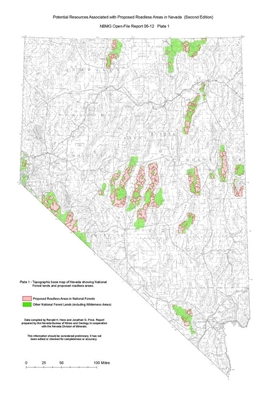 Topographic base map of Nevada showing National Forest land and proposed roadless areas (Plate 1 from Open-File Report 06-12: Potential resources associated with proposed roadless areas in Nevada, second edition) PLATE 1 AND TEXT