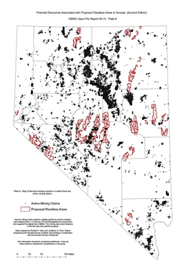 Map of Nevada showing sections in which there are active mining claims (Plate 6 from Open-File Report 06-12: Potential resources associated with proposed roadless areas in Nevada, second edition) PLATE 6 AND TEXT