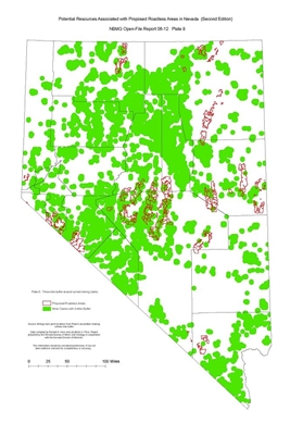 Three-mile buffer around current mining claims (Plate 8 from Open-File Report 06-12: Potential resources associated with proposed roadless areas in Nevada, second edition) PLATE 8 AND TEXT