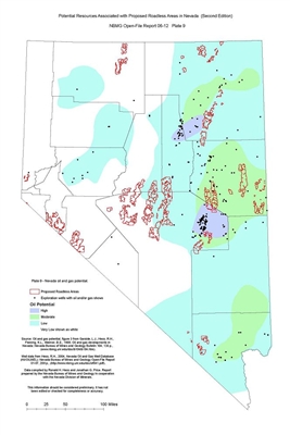 Nevada oil and gas potential (Plate 9 from Open-File Report 06-12: Potential resources associated with proposed roadless areas in Nevada, second edition) PLATE 9 AND TEXT