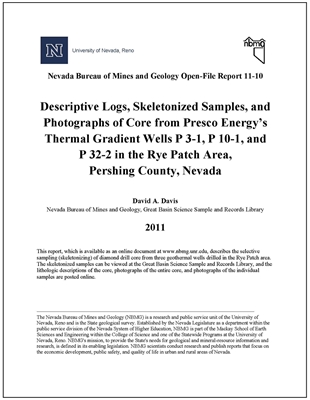 Descriptive logs, skeletonized samples, and photographs of core from Presco Energy's thermal gradient wells P 3-1, P 10-1, and P 32-2 in the Rye Patch area, Pershing County, Nevada ONLINE ONLY