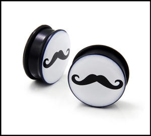 Mustache design acrylic single-flare ear plug gauges with o-ring, sizes 8g to 1"
