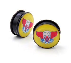 Clown design acrylic single-flare ear plug gauges with o-ring, sizes 8g to 1"