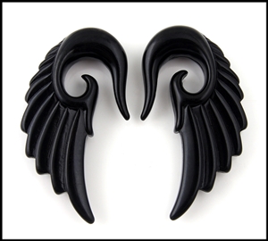 Black acrylic angel wing taper ear plug gauges, sizes 10G to 5/8"