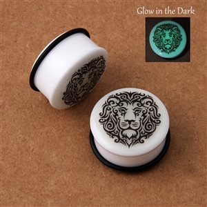 Glow in the dark lion design acrylic single-flare ear plug gauges with o-ring, sizes 8g to 1"