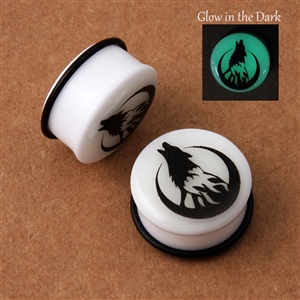 Glow in the dark howling wolf design acrylic single-flare ear plug gauges with o-ring, sizes 8g to 1"