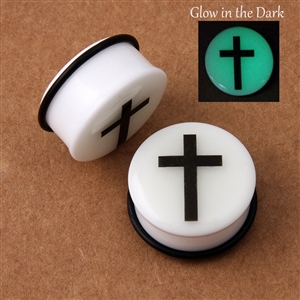 Glow in the dark cross symbol acrylic single-flare ear plug gauges with o-ring, sizes 8g to 1"