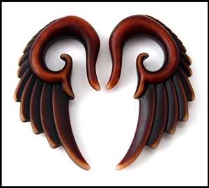 Brown wood look acrylic angel wing taper ear plug gauges, sizes 10G to 5/8"