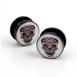 Acrylic screw-on ear plugs with day of the dead sugar skull design