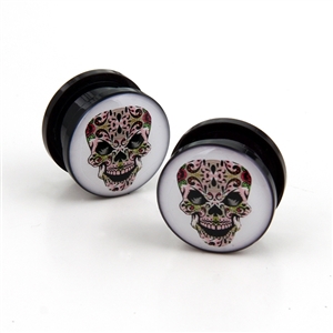 Acrylic screw-on ear plugs with day of the dead sugar skull design