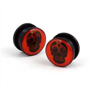 Acrylic screw-on ear plugs with day of the dead sugar skull design