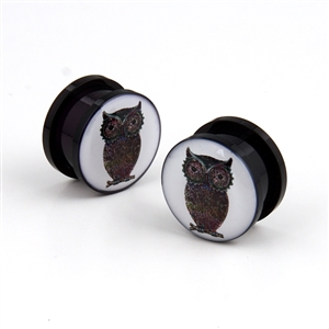 Acrylic screw-on ear plugs with an owl design