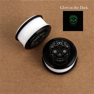 Glow in the dark sugar skull acrylic single-flare ear plug gauges with o-ring, sizes 8g to 1"