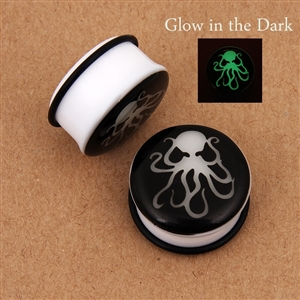 Glow in the dark octopus design acrylic single-flare ear plug gauges with o-ring, sizes 8g to 1"