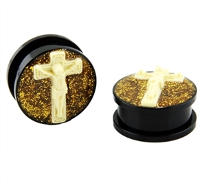 Screw on Acrylic Ear Plug cross Jesus glitter Gauge anodized black Body Jewelry 00G, 0G, 1/2", 11/16, 13/16, 5/8, 7/16", 9/16 AP-70