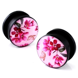 Screw on Acrylic Ear Plug Gauge flower logo black Body Jewelry 00G 0G 2G 5/8 9/16