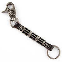 Genuine Leather Key Chain - Skull w/Stars- Black