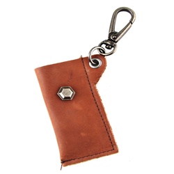 Genuine Leather  Key Chain - Hexagonal Metal Stud - Dark Brown