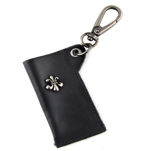 Genuine Leather Key Chain - Fleur de lis Metal Accent - Black