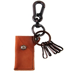 Genuine Leather  Pouch Key Chain - Hexagonal Metal Accent - Dark Brown