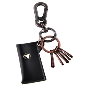 Genuine Leather  Pouch Key Chain - Fleur de lis Metal Design - Black